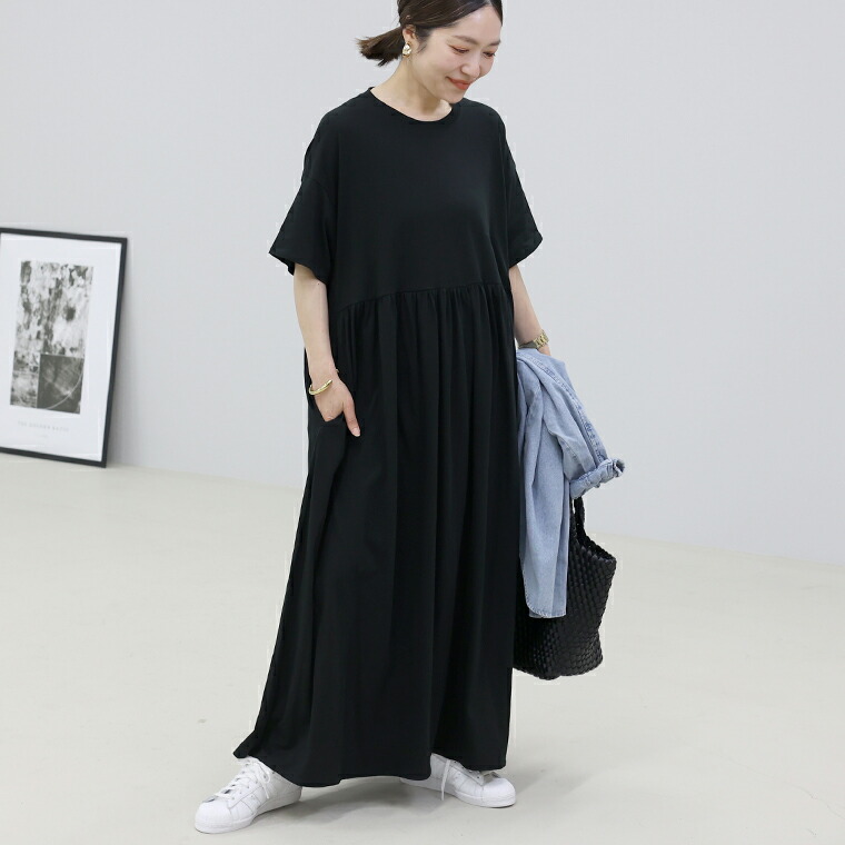 Aletta vita ワンピース ロング ワイド ドレープ 半袖 綿 天竺 Tシャツ