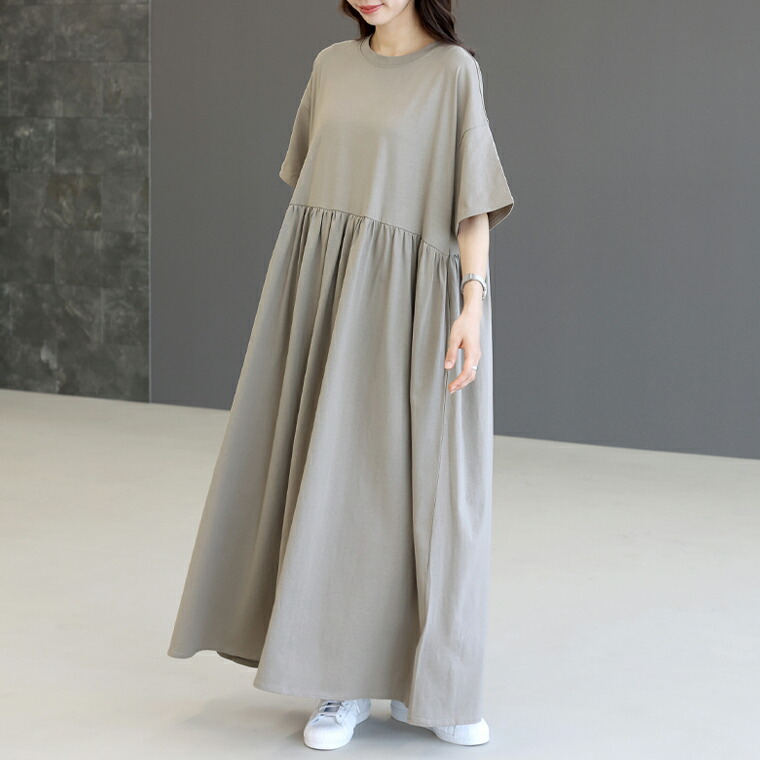 Aletta vita ワンピース ロング ワイド ドレープ 半袖 綿 天竺 Tシャツ