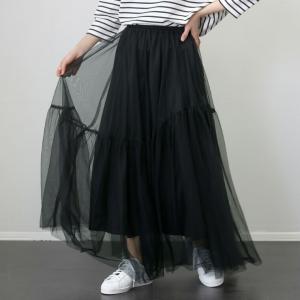 スカート チュール ロング フレア ティアード ギャザー 裾フレア ウエストゴム 30代 40代　変...
