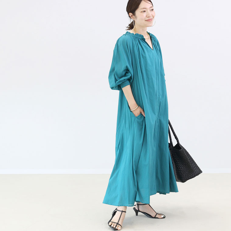 極美品✨マーブルシュッド　インド製綿　リーフ柄　ギャザーロングワンピース　緑 期間限定価格】2020SS マーブルシュッド marble SUD Grain ノー