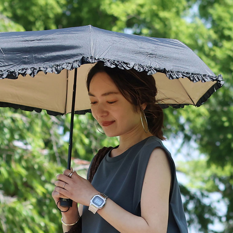 美品♪ ランバン　ブラック 楽折　晴雨兼用　紫外線99%  日傘　フリル 晴雨兼用折りたたみ日傘】ランバン コレクション (LANVIN