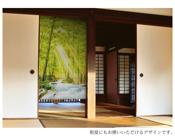暖簾 norenn カーテン 間仕切り タペストリー 自然 森 森林 川 せせらぎ 木漏れ日 木洩れ日 陽光 射光 風景 奥行き 写実的 絵画風