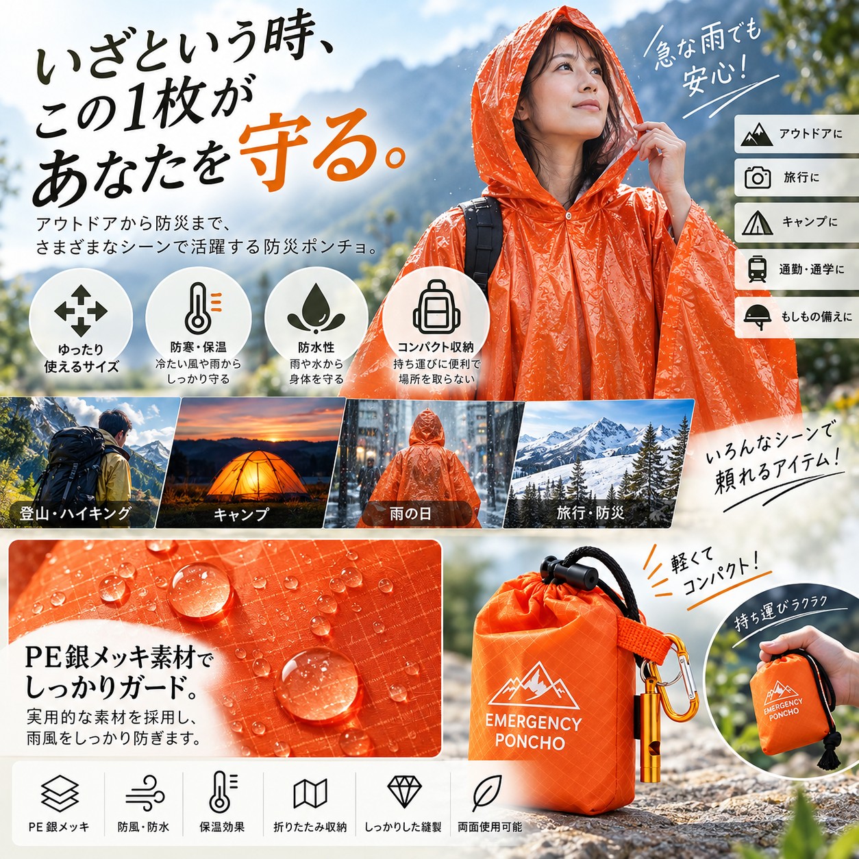 【1個セット/2個セット】レインポンチョ 防災...の詳細画像2