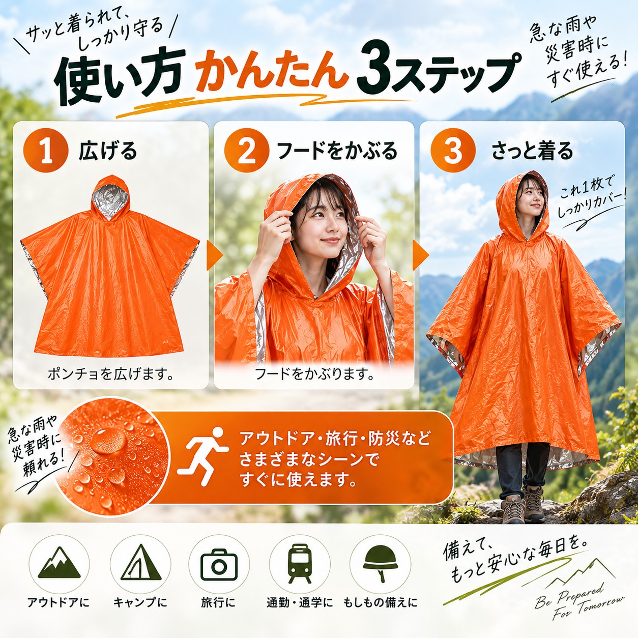 【1個セット/2個セット】レインポンチョ 防災...の詳細画像5