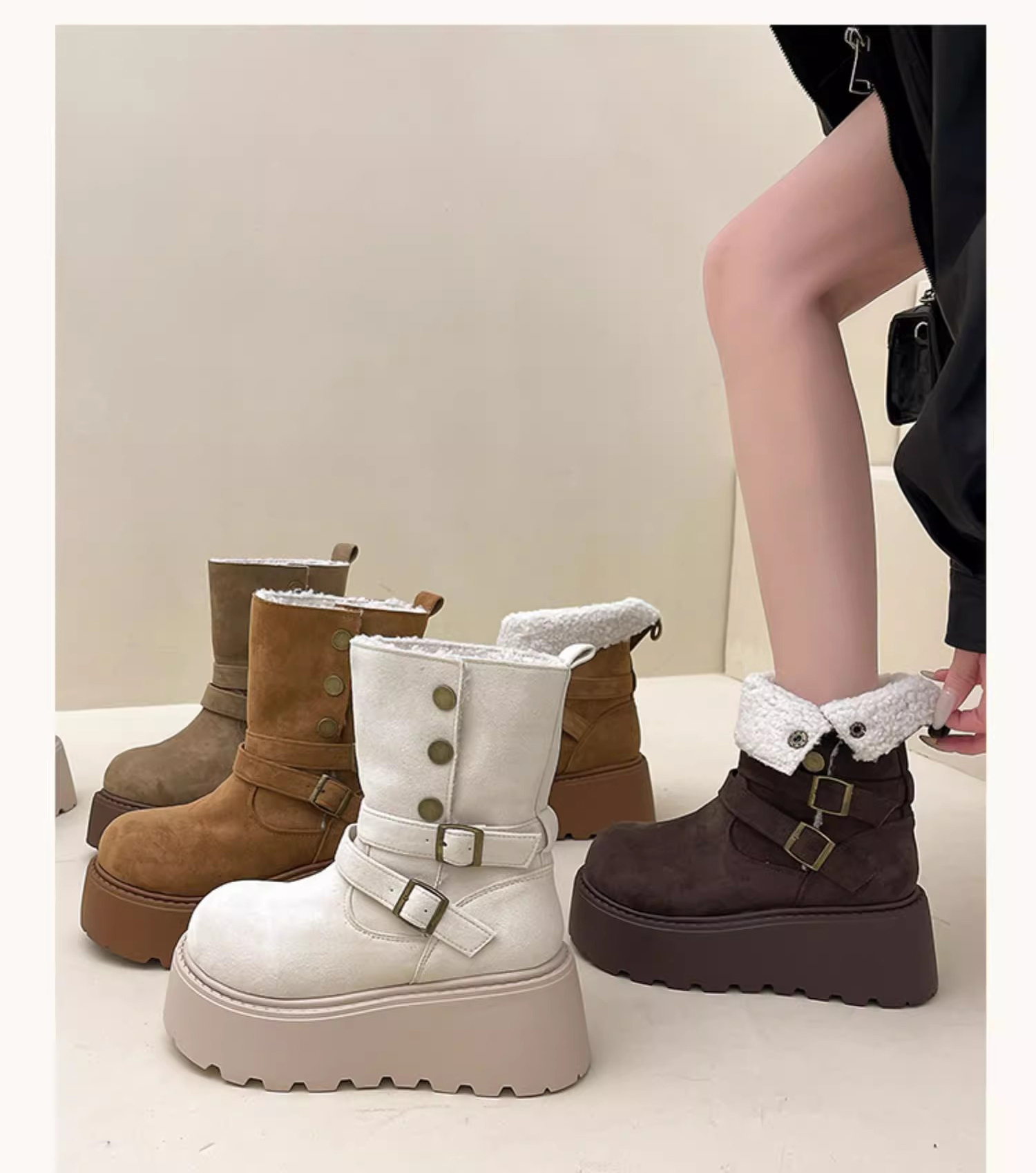 2025新作2WAY ムートンブーツ 厚底7cm 厚底ショートブーツ レディース