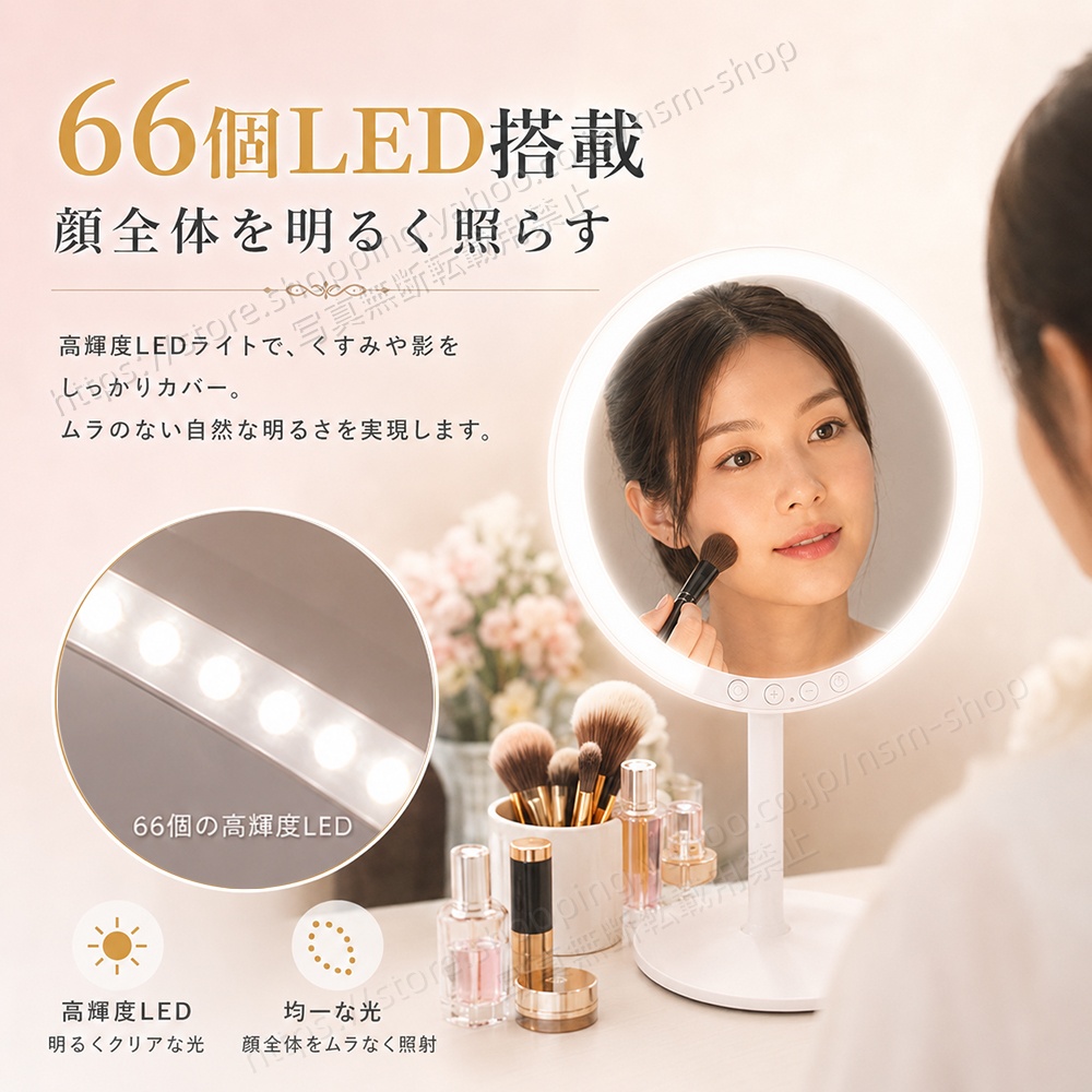 LED女優ミラー 卓上ミラー 化粧鏡 USB充電式 66LED 3色調光 7段階明る