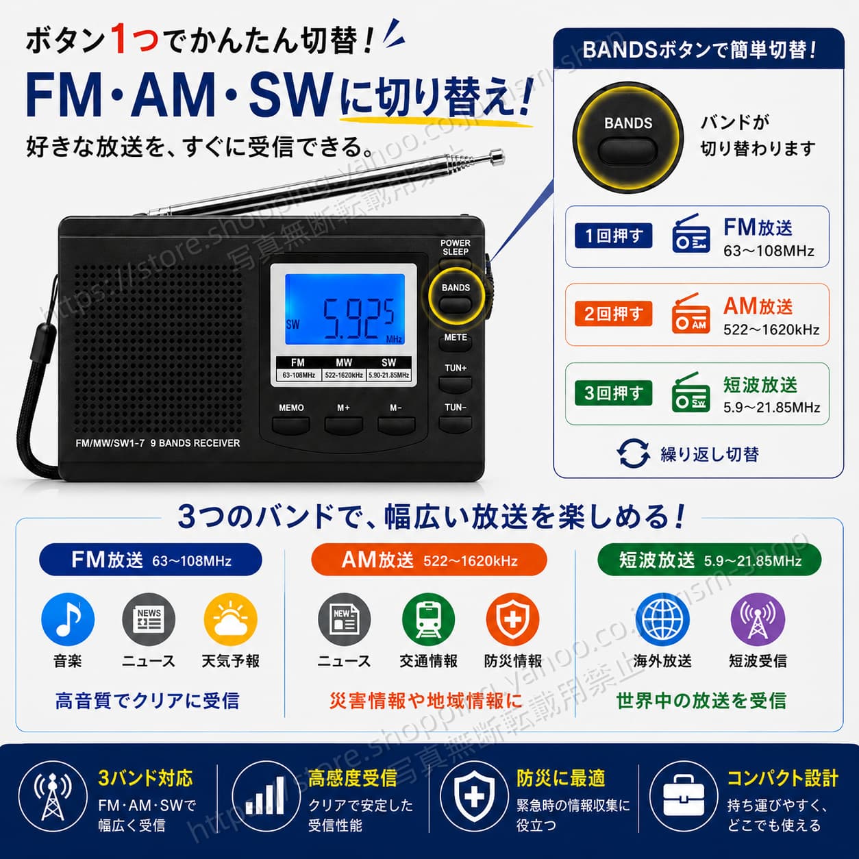 FM AM SW ラジオ 防災ラジオ 高感度 DSP受信 3バンド対応 短波ラジオ