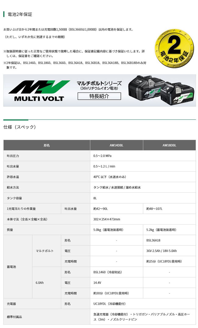 HiKOKI AW18DBL(LXP) コードレス高圧洗浄機 18V 5.0Ah(電池1個・充電器