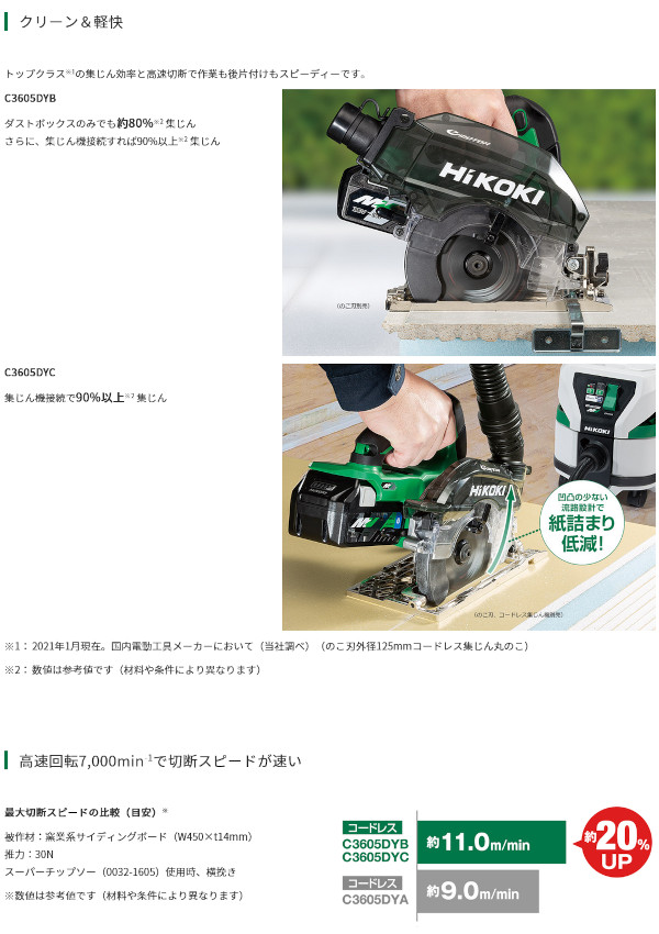 HiKOKI C3605DYC(XPSZ) コードレス集じん丸のこ 125mm 36V 2.5Ah (蓄電池・充電器・ケース付) のこ刃別売