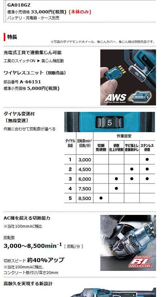 マキタ GA017GZ 充電式ディスクグラインダ 100mm本体のみ 40V（バッテリ・充電器・ケース別売） :ga017gz:NEWSTAGETOOLSヤフー店  - 通販 - Yahoo!ショッピング