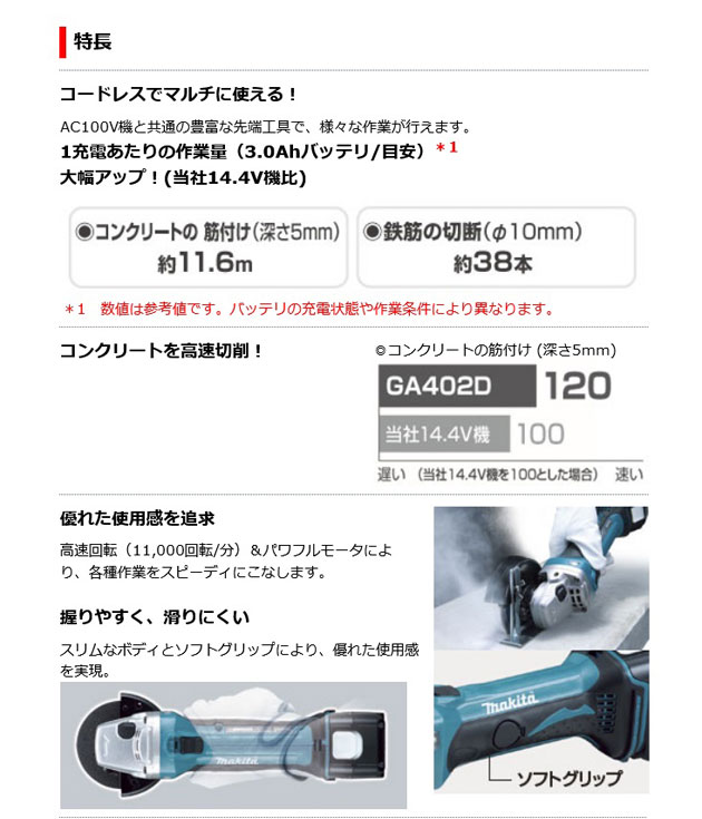 マキタ GA402DRG 充電式ディスクグラインダ100mm［スライドスイッチ