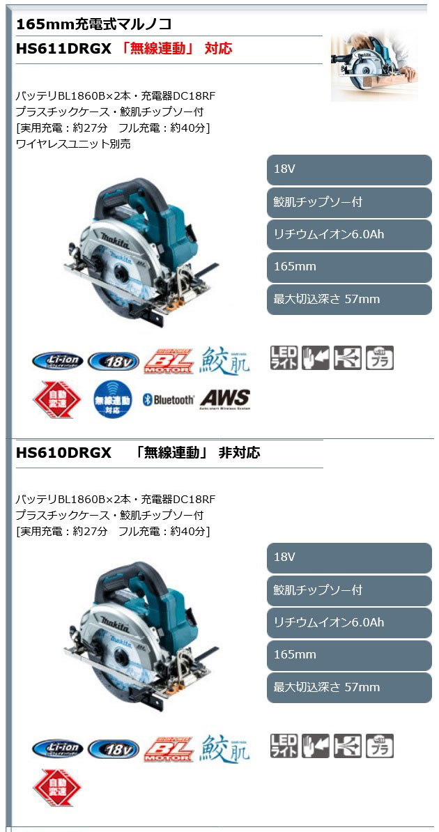 マキタ HS611DRGX 充電式マルノコ 165mm ［無線連動対応］18V 6.0Ah (バッテリ2個・充電器・ケース・鮫肌チップソー付)