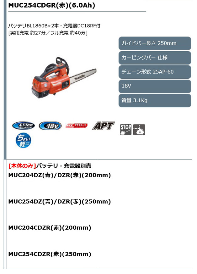 マキタ MUC254DRGX 充電式チェンソー スプロケットノーズバー250ｍｍ