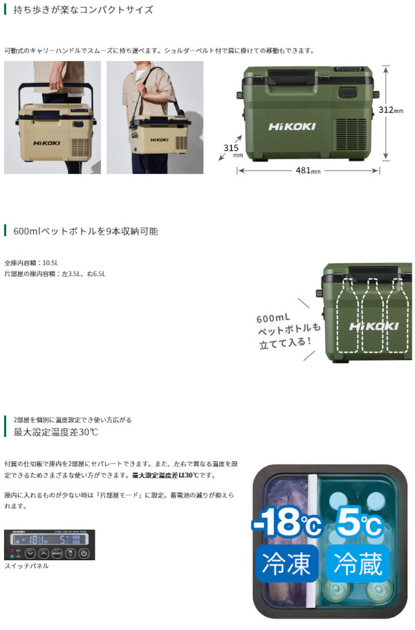 HiKOKI UL18DD(XMGZ) コードレス冷温庫 フォレストグリーン色 10.5L 18V 14V (マルチボルト蓄電池 ×1個付) 電動工具 