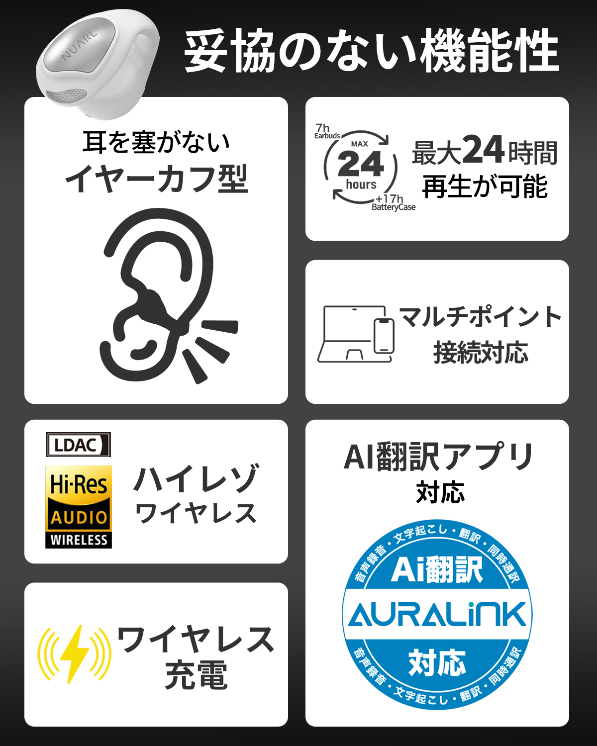 NUARL νClip 翻訳イヤホン AIライブ翻訳 イヤーカフ型（ホワイト