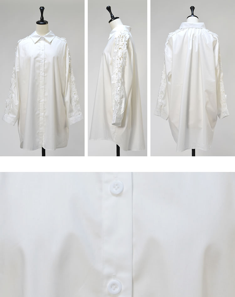 45r*pm ホワイト コットン100長袖 ブラウス レースネック 袖レース コットン ロングシャツ レディース ブラウス シャツ ロング丈
