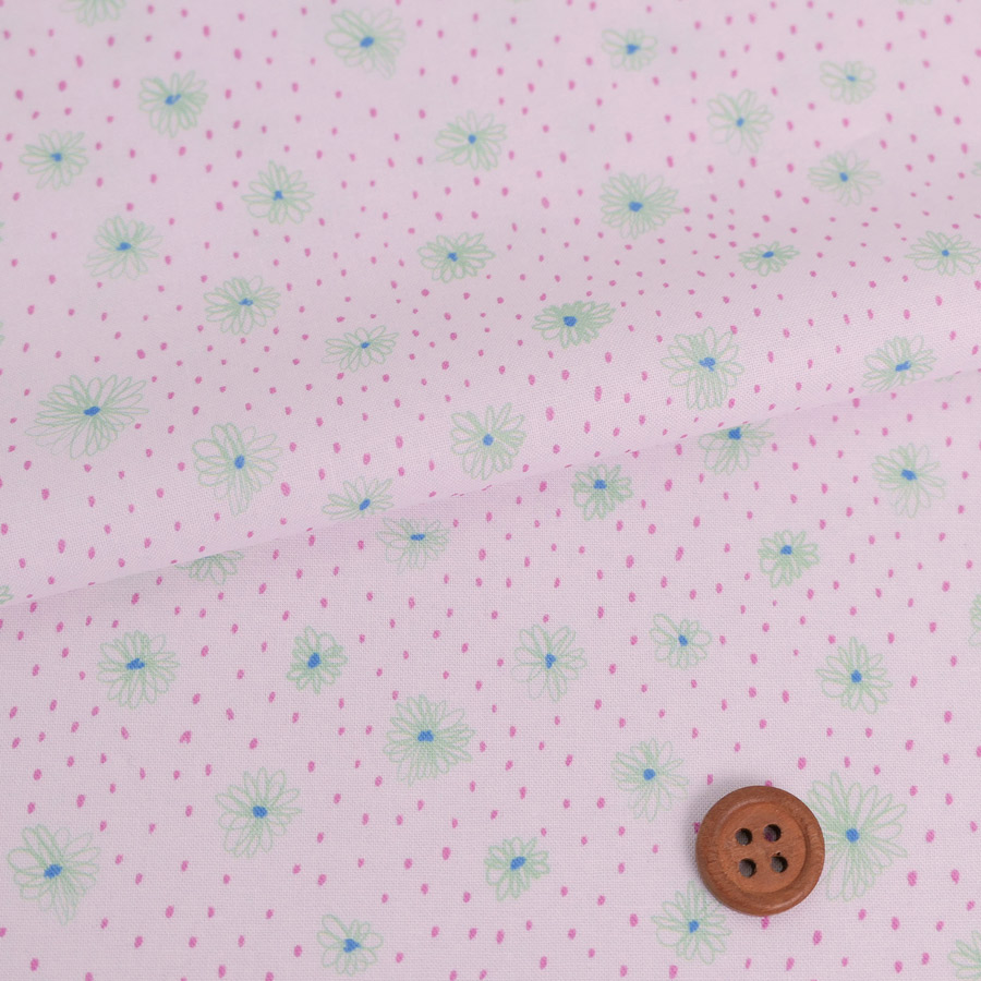 コットン生地 手描き風のお花とドット(グリーンの花) 10cm単位 切り売り | 