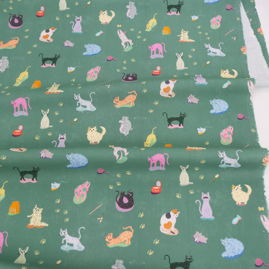 コットン生地 からふる猫の自由な日々(グリーン) 10cm単位 切り売り |  | 03
