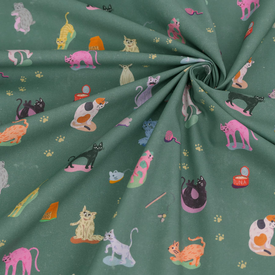 コットン生地 からふる猫の自由な日々(グリーン) 10cm単位 切り売り |  | 04
