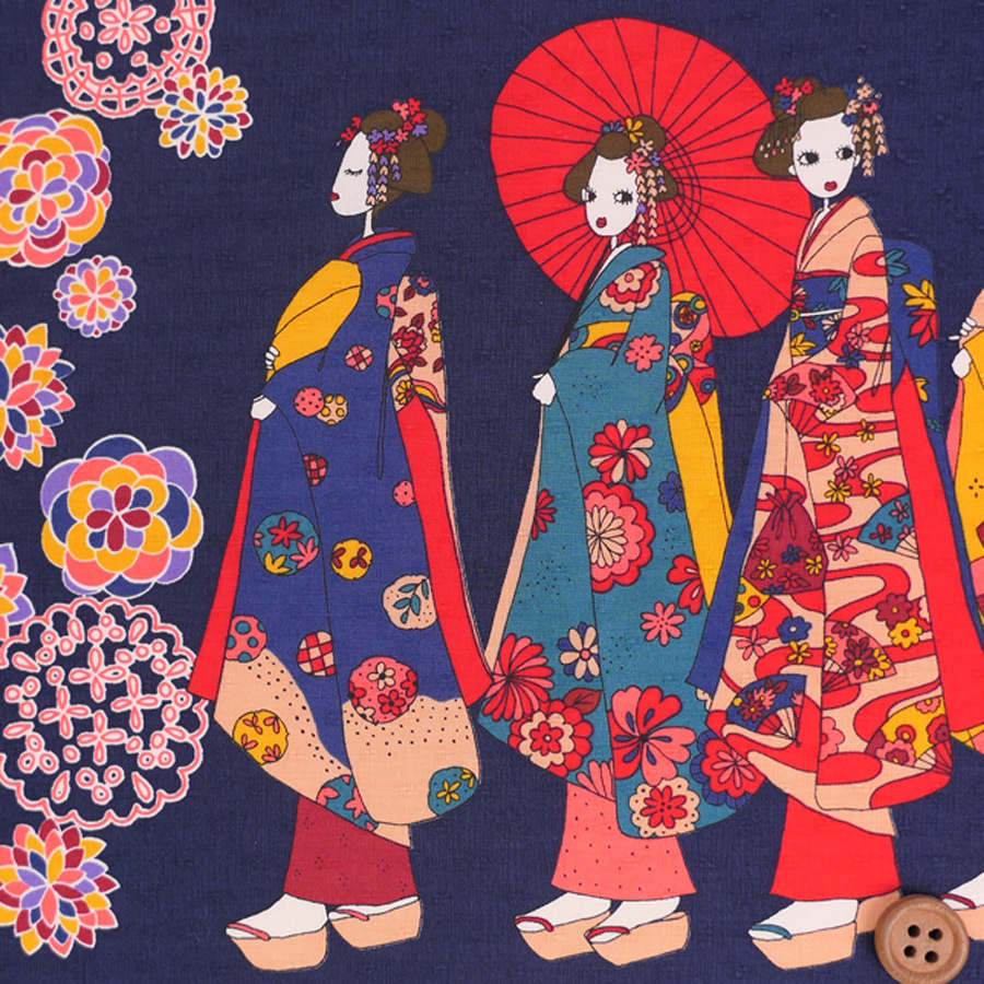 和風コットン生地・舞妓さんのおでかけ(濃紺) 10cm単位 切り売り |  | 05