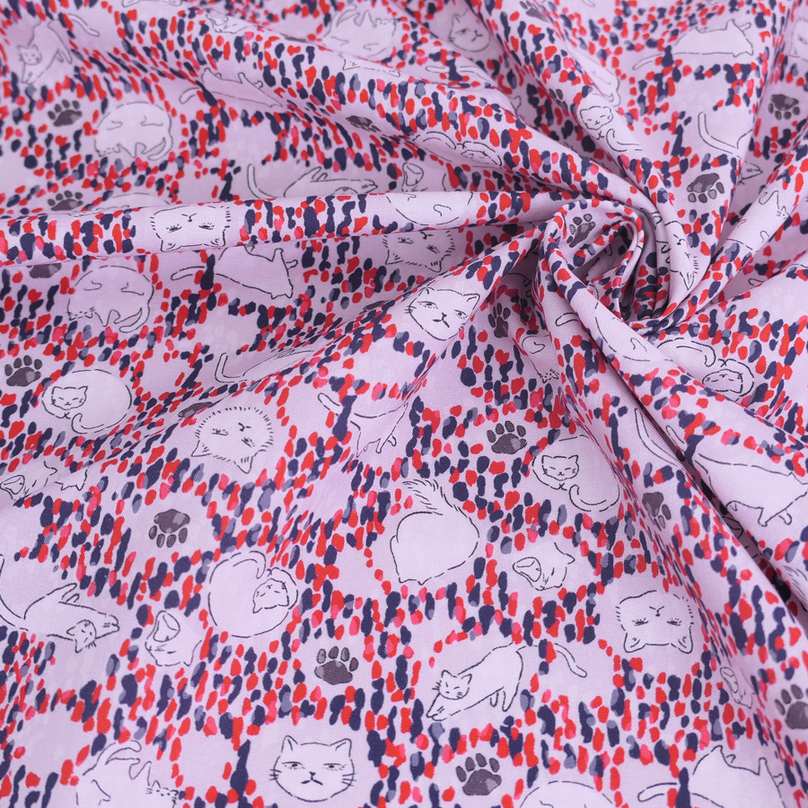 コットン生地 点描に猫の日常(パールグレー/赤) 10cm単位 切り売り |  | 04