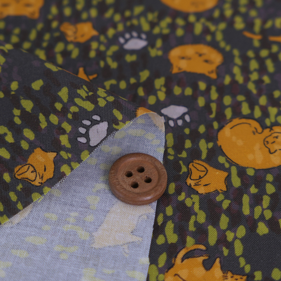 コットン生地 点描に猫の日常(カーキグレー) 10cm単位 切り売り |  | 01