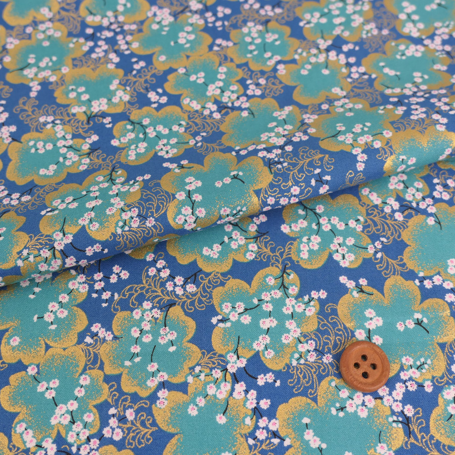 和柄コットン生地 金彩桜景色(青) 10cm単位 切り売り | 