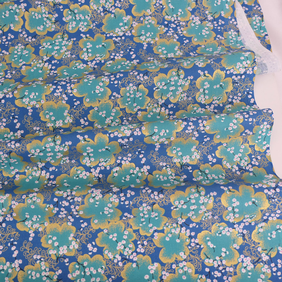 和柄コットン生地 金彩桜景色(青) 10cm単位 切り売り |  | 03