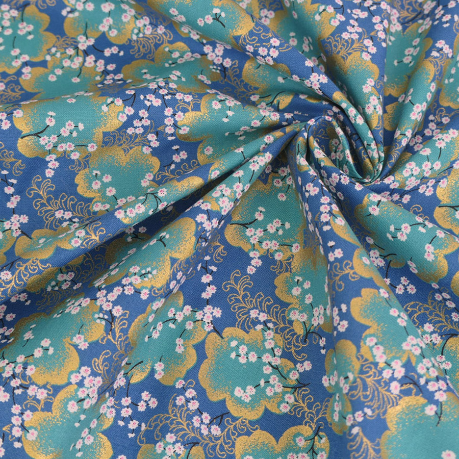 和柄コットン生地 金彩桜景色(青) 10cm単位 切り売り |  | 04