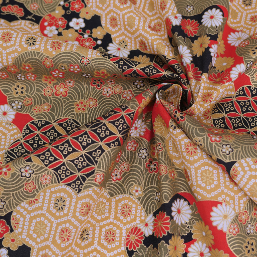 和柄コットン生地 雲形に和文様づくし(黒) 10cm単位 切り売り |  | 04