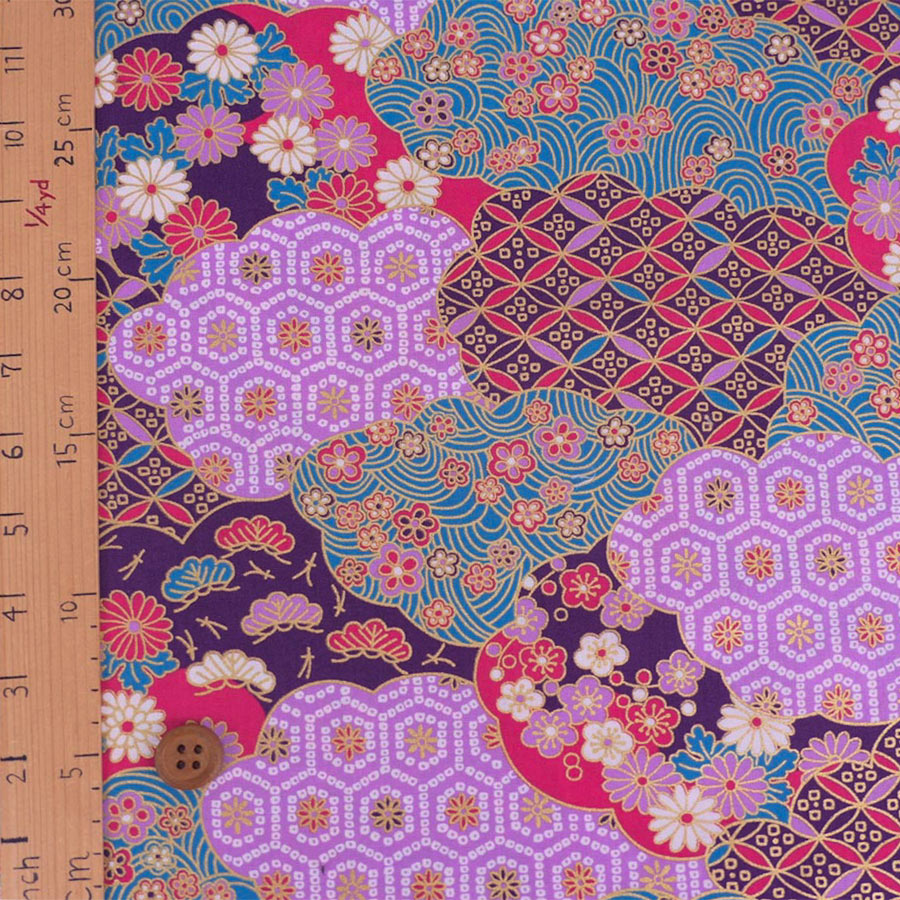 和柄コットン生地 雲形に和文様づくし(紫) 10cm単位 切り売り |  | 02