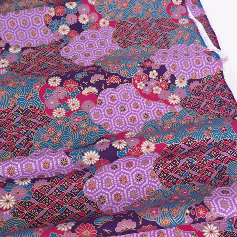 和柄コットン生地 雲形に和文様づくし(紫) 10cm単位 切り売り |  | 03