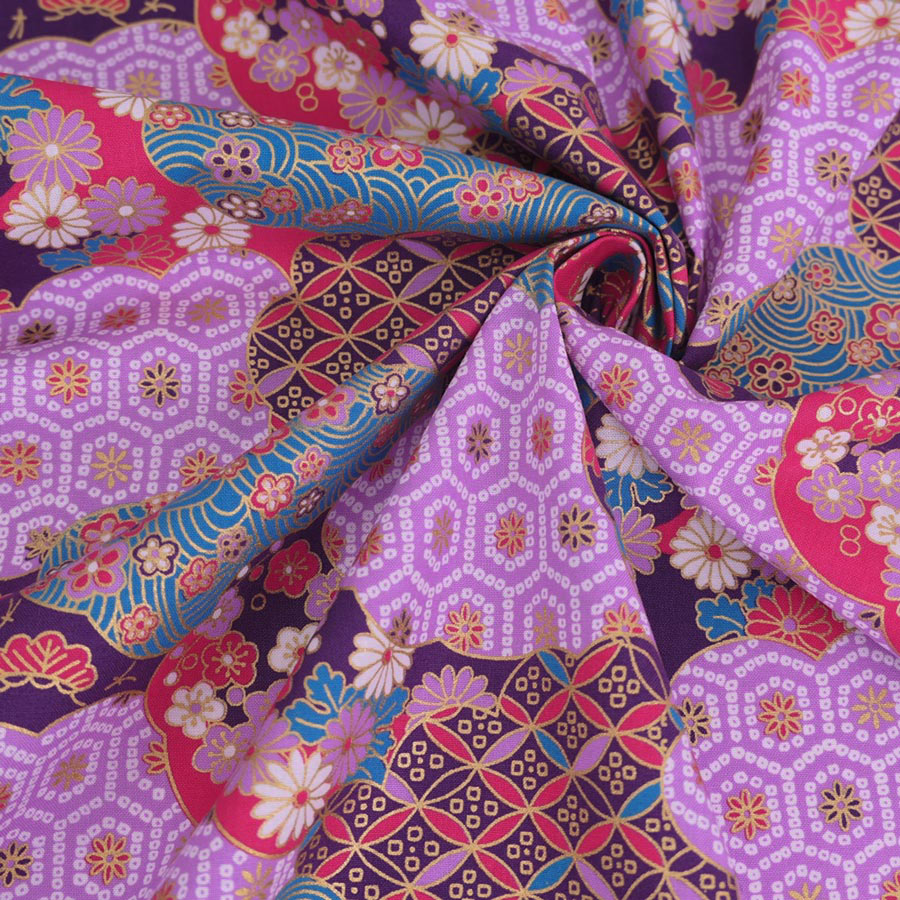 和柄コットン生地 雲形に和文様づくし(紫) 10cm単位 切り売り |  | 04