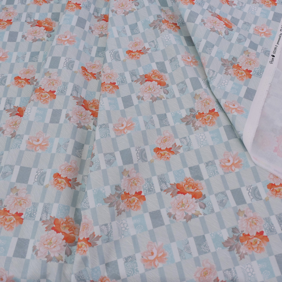 和柄コットン生地 変わり格子に牡丹(ライトブルー) 10cm単位 切り売り |  | 03