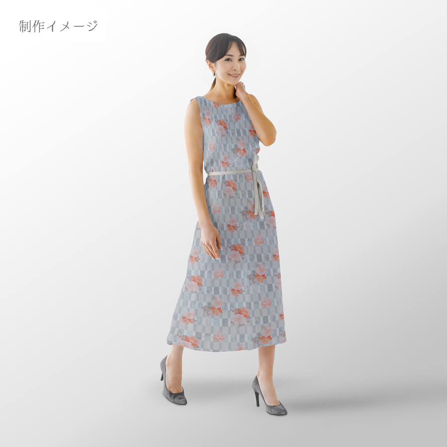 和柄コットン生地 変わり格子に牡丹(ライトブルー) 10cm単位 切り売り |  | 05