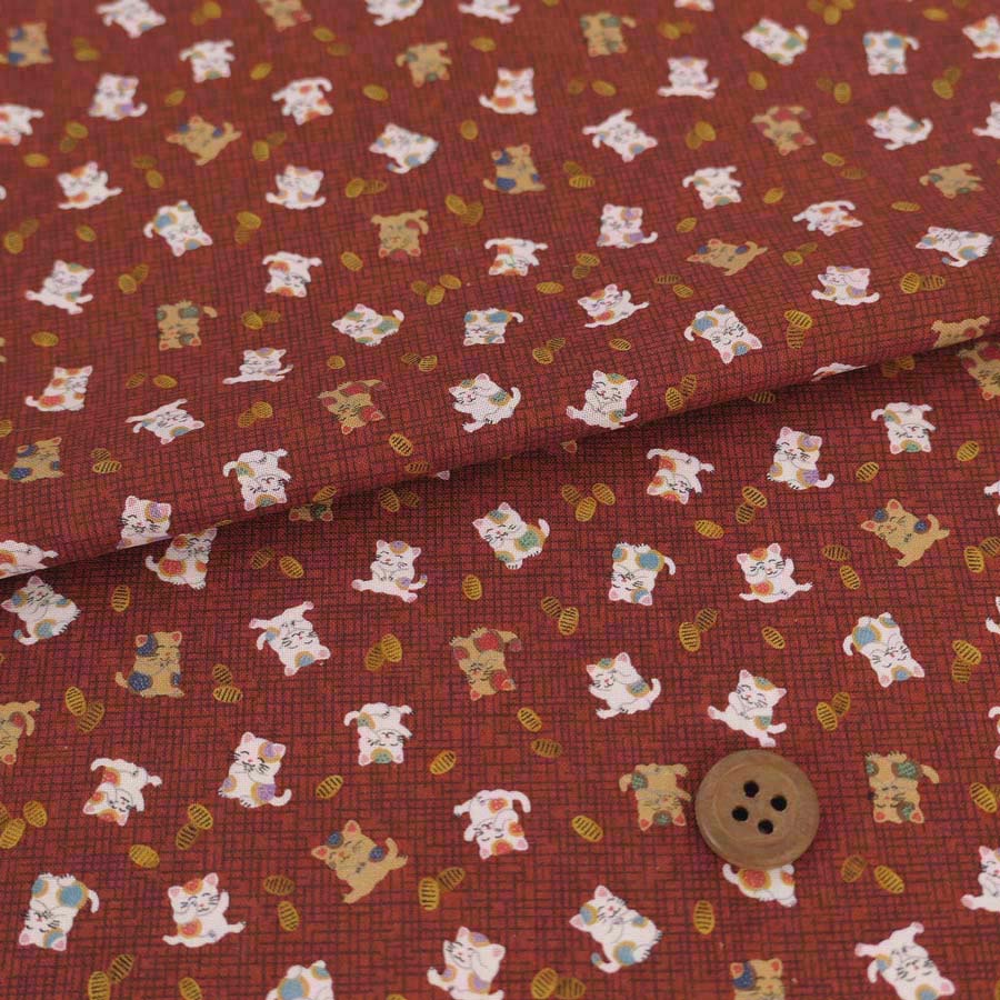 和柄コットン生地 招き猫に小判(れんが色) 10cm単位 切り売り |  | 01
