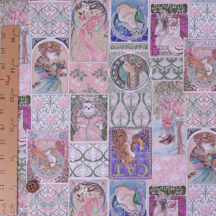 コットン生地 ミュシャ風ねこ柄(ピンク系) 10cm単位 切り売り |  | 02