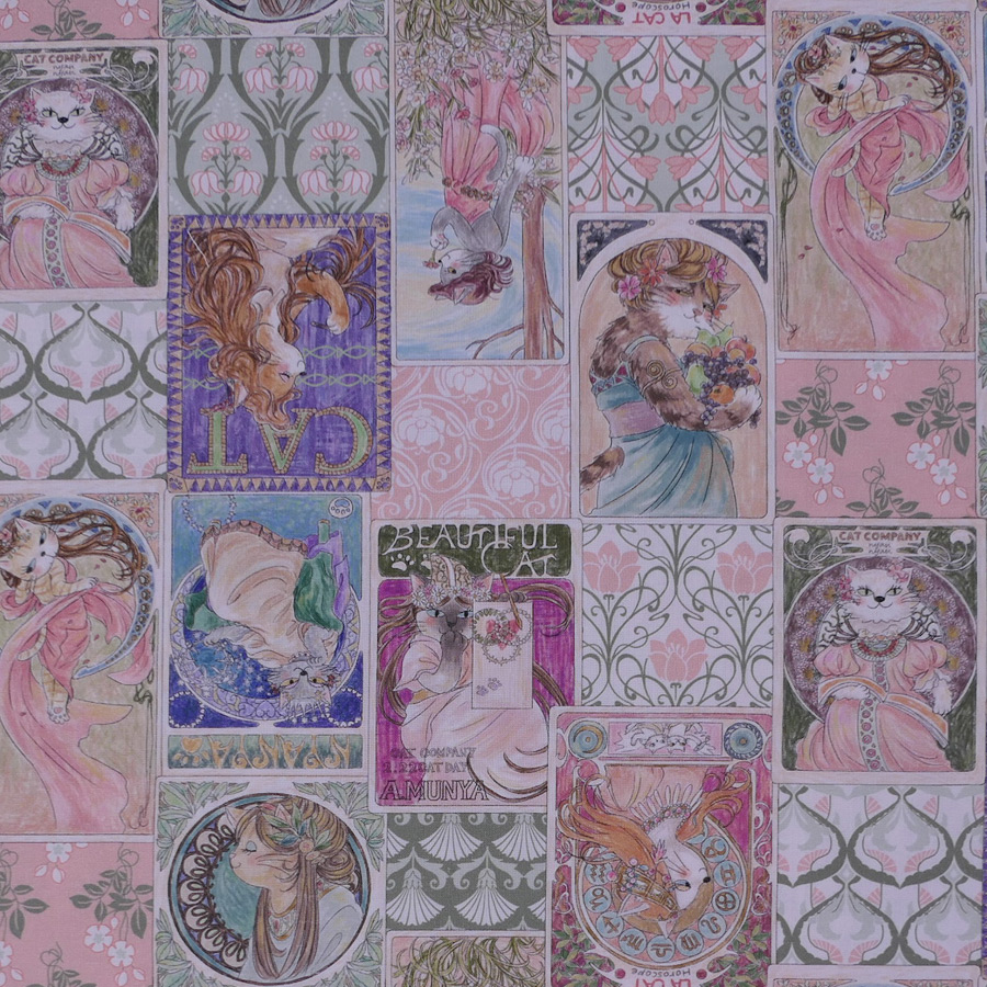 コットン生地 ミュシャ風ねこ柄(ピンク系) 10cm単位 切り売り |  | 04