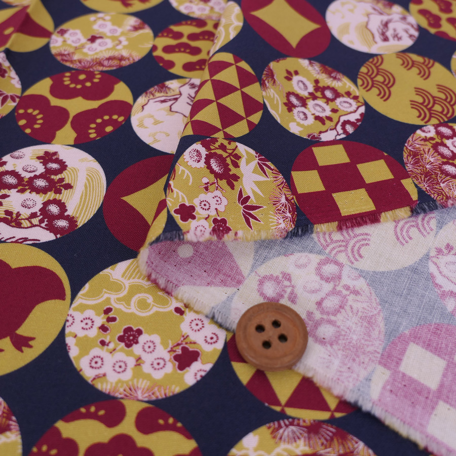 和柄コットン生地 円窓に吉祥模様(濃紺/からし) 10cm単位 切り売り |  | 01