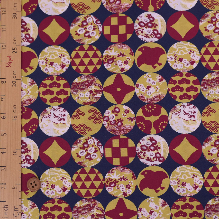 和柄コットン生地 円窓に吉祥模様(濃紺/からし) 10cm単位 切り売り |  | 02