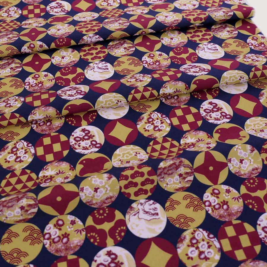 和柄コットン生地 円窓に吉祥模様(濃紺/からし) 10cm単位 切り売り |  | 03