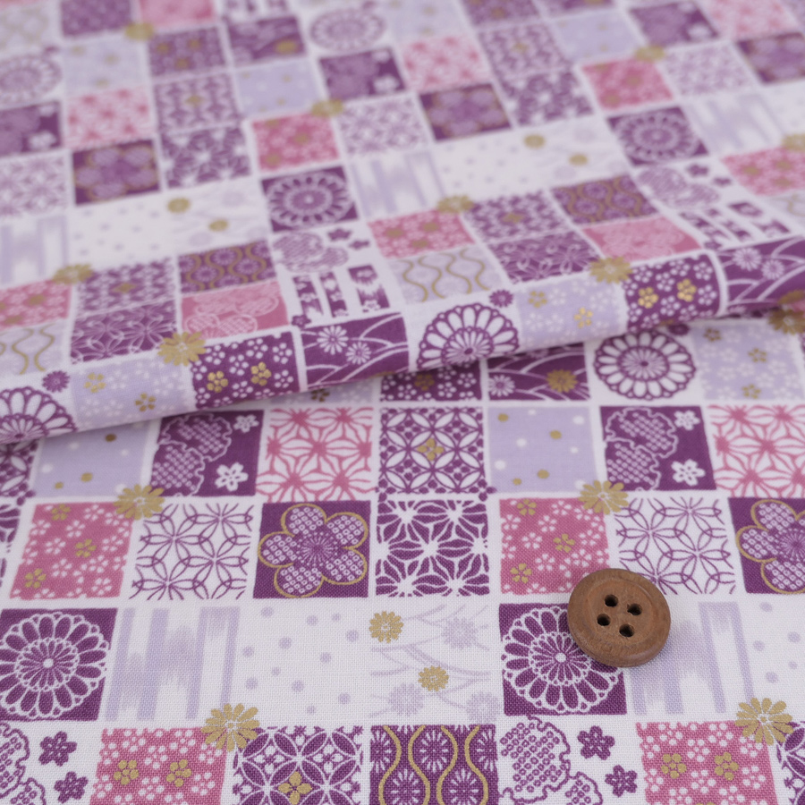 和柄コットン生地 市松パッチワーク文様(さくら紫) 10cm単位 切り売り | 