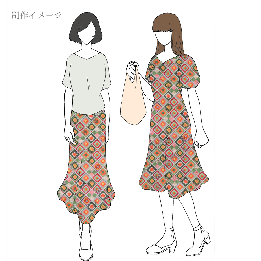 コットン生地 かぎ針編みのモチーフ柄(グリーンオレンジ) 10cm単位 切り売り |  | 14