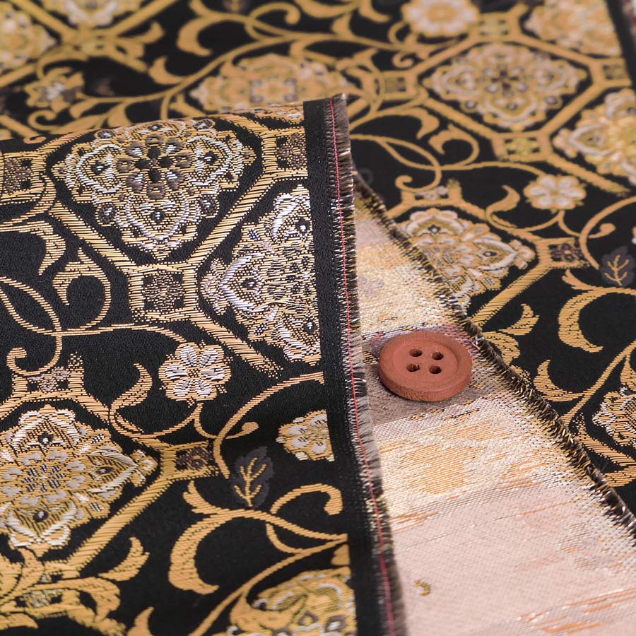 金襴生地(金らん) 斜め格子につる草と唐花柄(黒) 10cm単位 切り売り