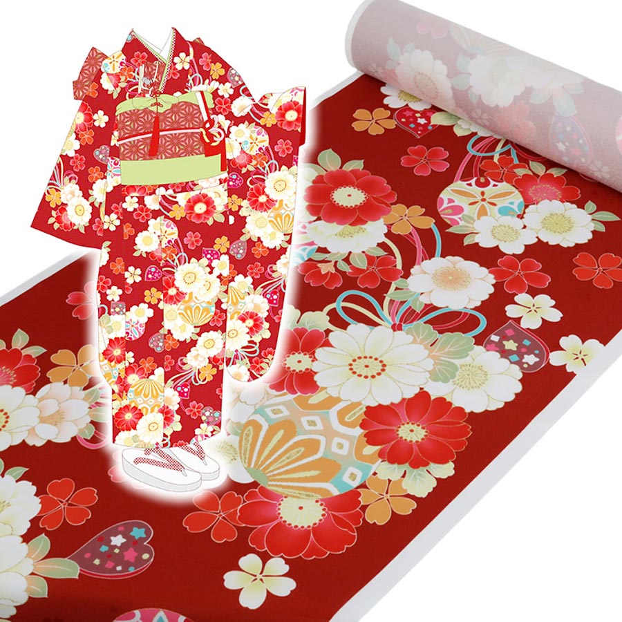 着物用洗える生地 姫手まりに桜花寄せ(赤系) 1反売り(約12m) : 布が
