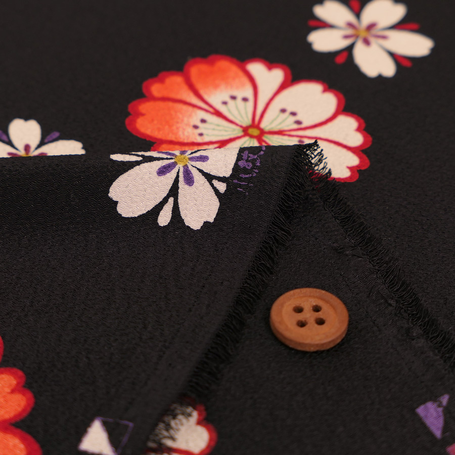 ポリちりめん生地 桜紋ちらし(黒/オレンジ) 10cm単位 切り売り |  | 01