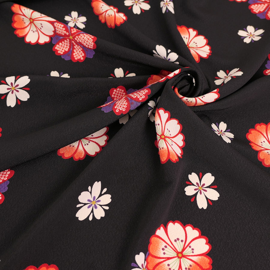 ポリちりめん生地 桜紋ちらし(黒/オレンジ) 10cm単位 切り売り |  | 04