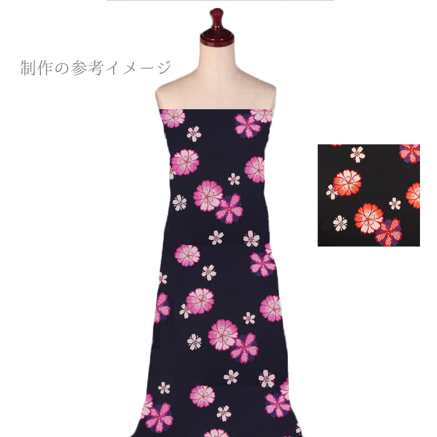 ポリちりめん生地 桜紋ちらし(黒/オレンジ) 10cm単位 切り売り |  | 05