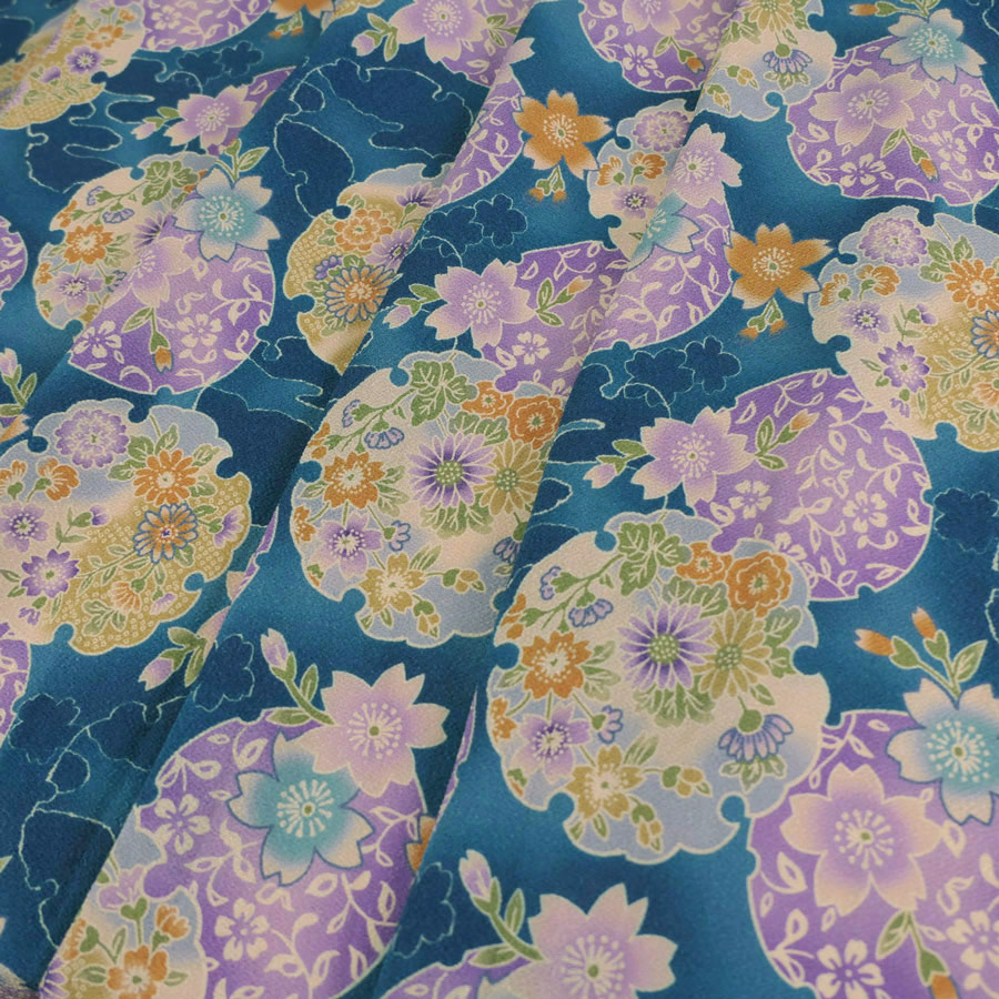 ポリちりめん生地 花雪輪に桜(青) 10cm単位 切り売り |  | 04