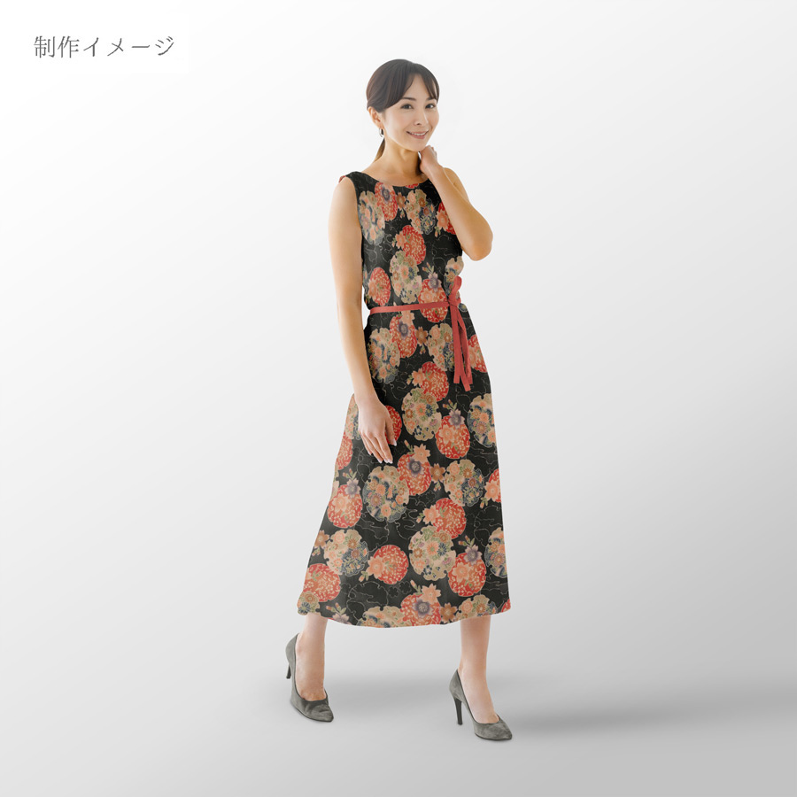 ポリちりめん生地 花雪輪に桜(黒) 10cm単位 切り売り |  | 06